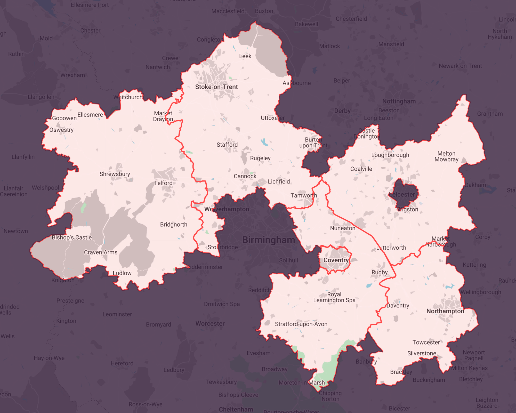 Map of the six investment areas: Staffordshire and Stoke-on-Trent, Shropshire and Telford & Wrekin, Leicestershire, Coventry, Warwickshire and West Northamptonshire