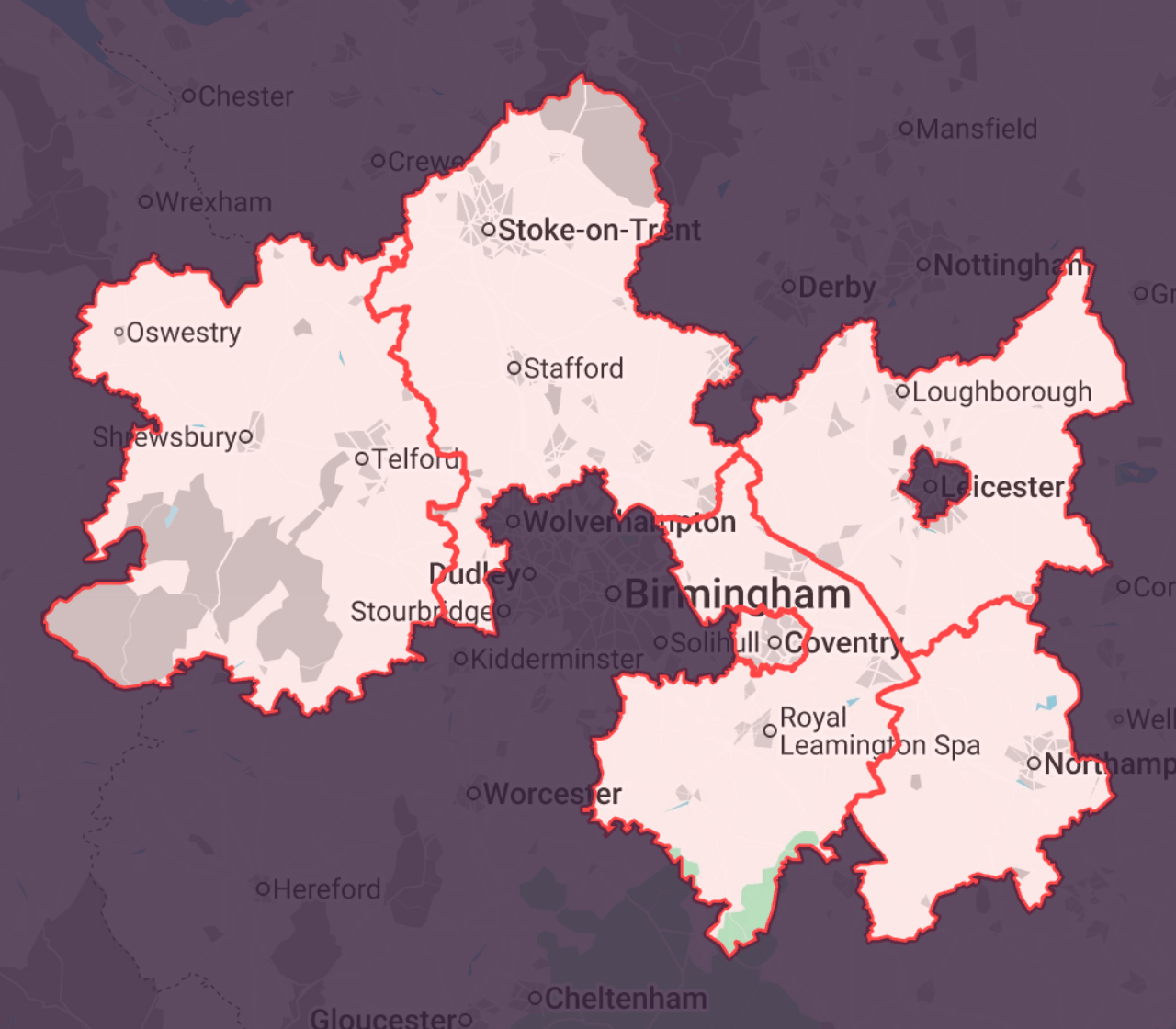 Map of the six investment areas: Staffordshire and Stoke-on-Trent, Shropshire and Telford & Wrekin, Leicestershire, Coventry, Warwickshire and West Northamptonshire