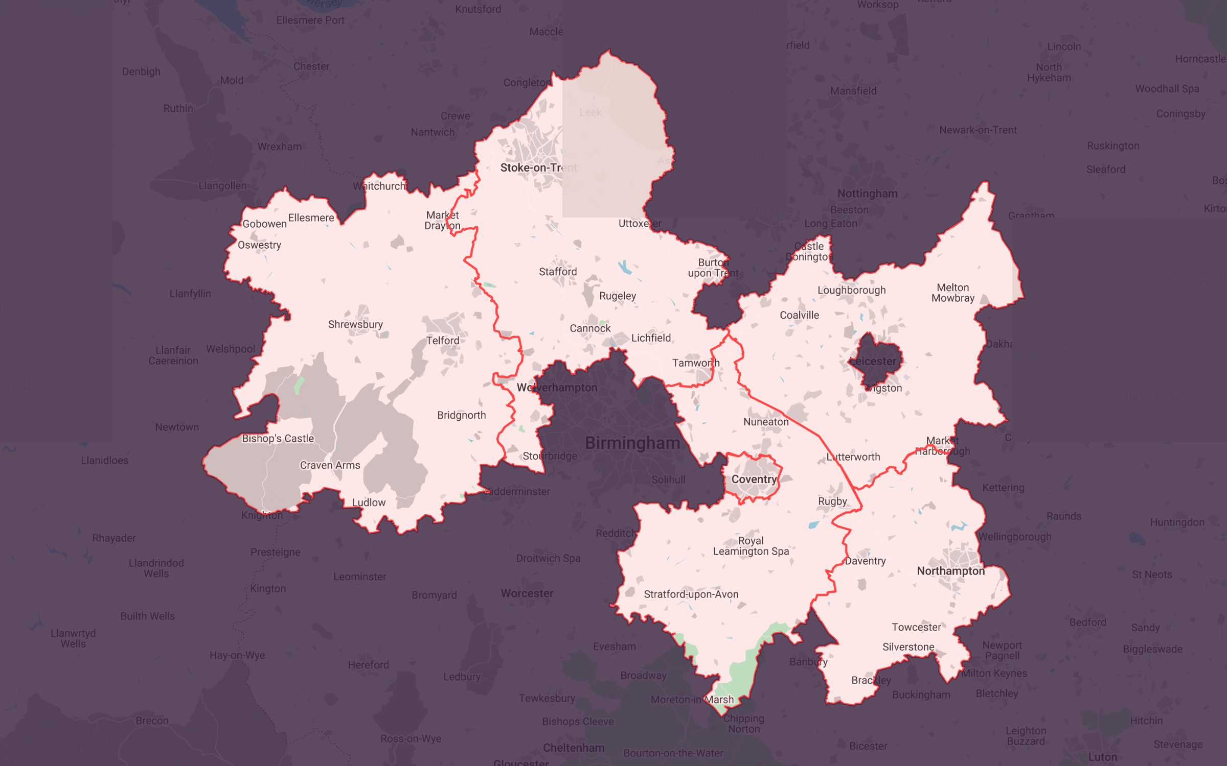 Map of the six investment areas: Staffordshire and Stoke-on-Trent, Shropshire and Telford & Wrekin, Leicestershire, Coventry, Warwickshire and West Northamptonshire